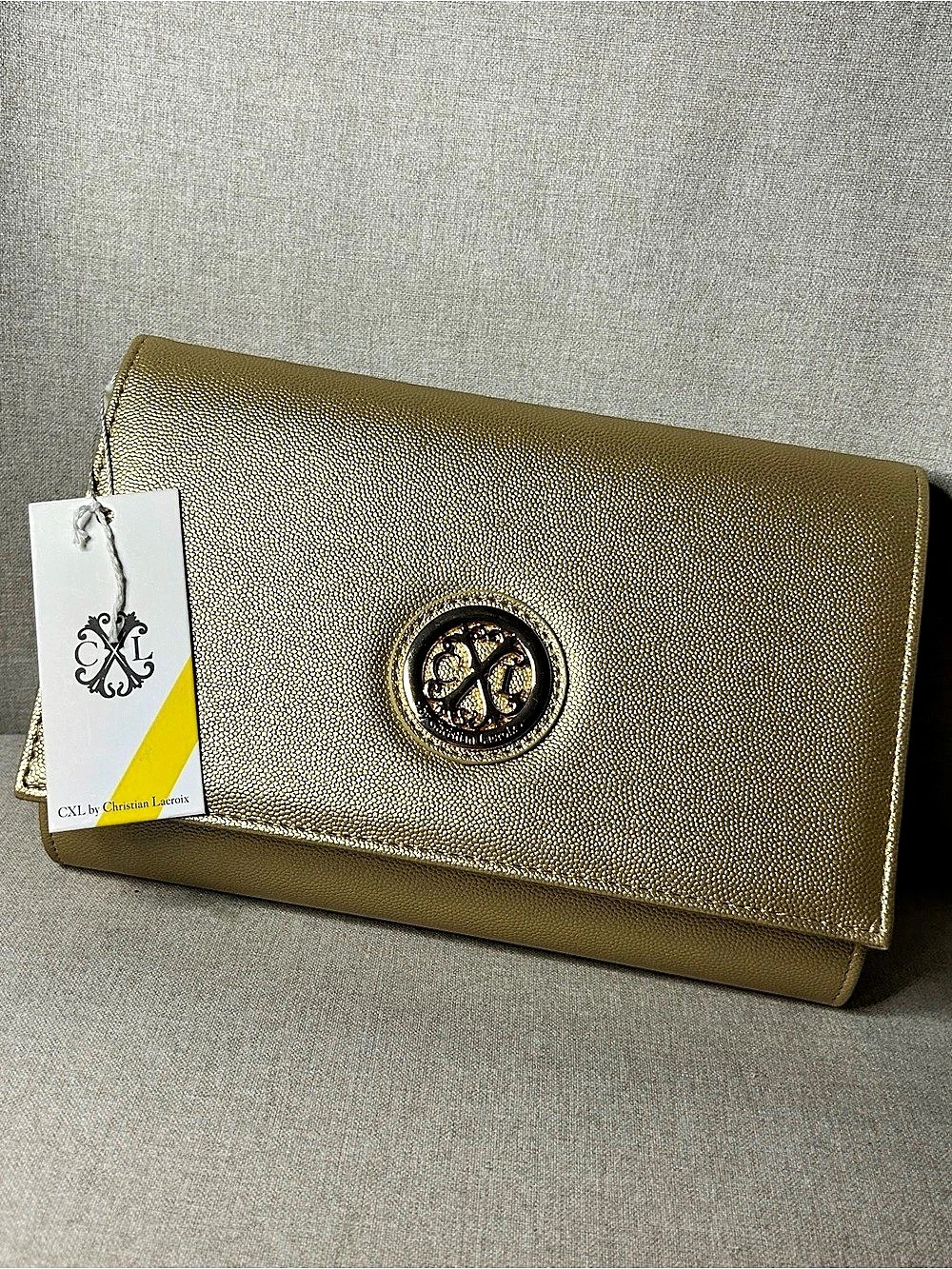 CXL by Christian Lacroix Paris Caviar Clutch W Detachable Chain Gold